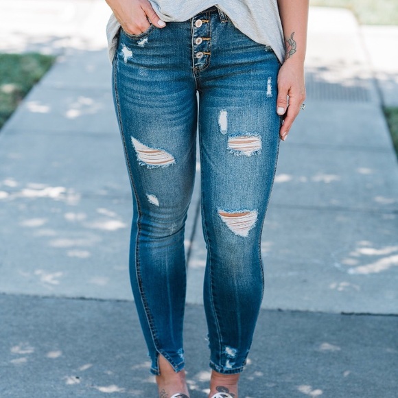 KAN CAN Women's High-Rise Skinny Jeans - Dark Wash Distressed Ankle Length KC7274D - View #6